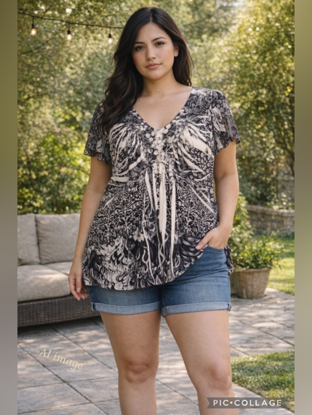 Beverly Drive Boho Tunic Top 1X | Black White Abstract Print Flowy V-Neck